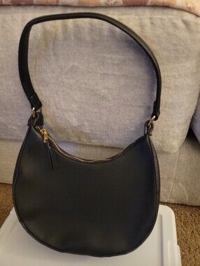 Black Crescent Shoulder Bag Minimalist Faux Leather Gold Hardware